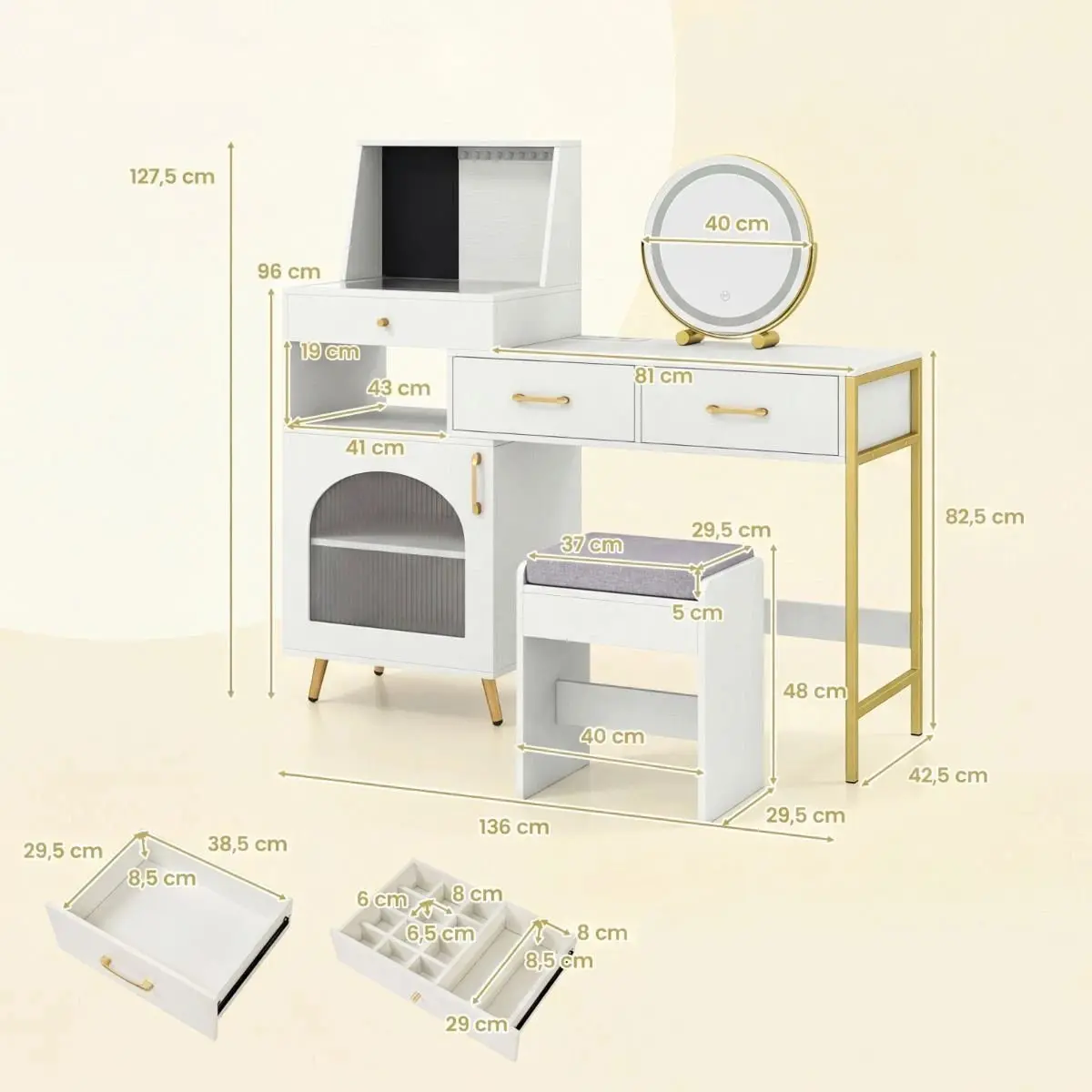 Masa de toaleta Costway HU11256DE-WH+ (White) - 3
