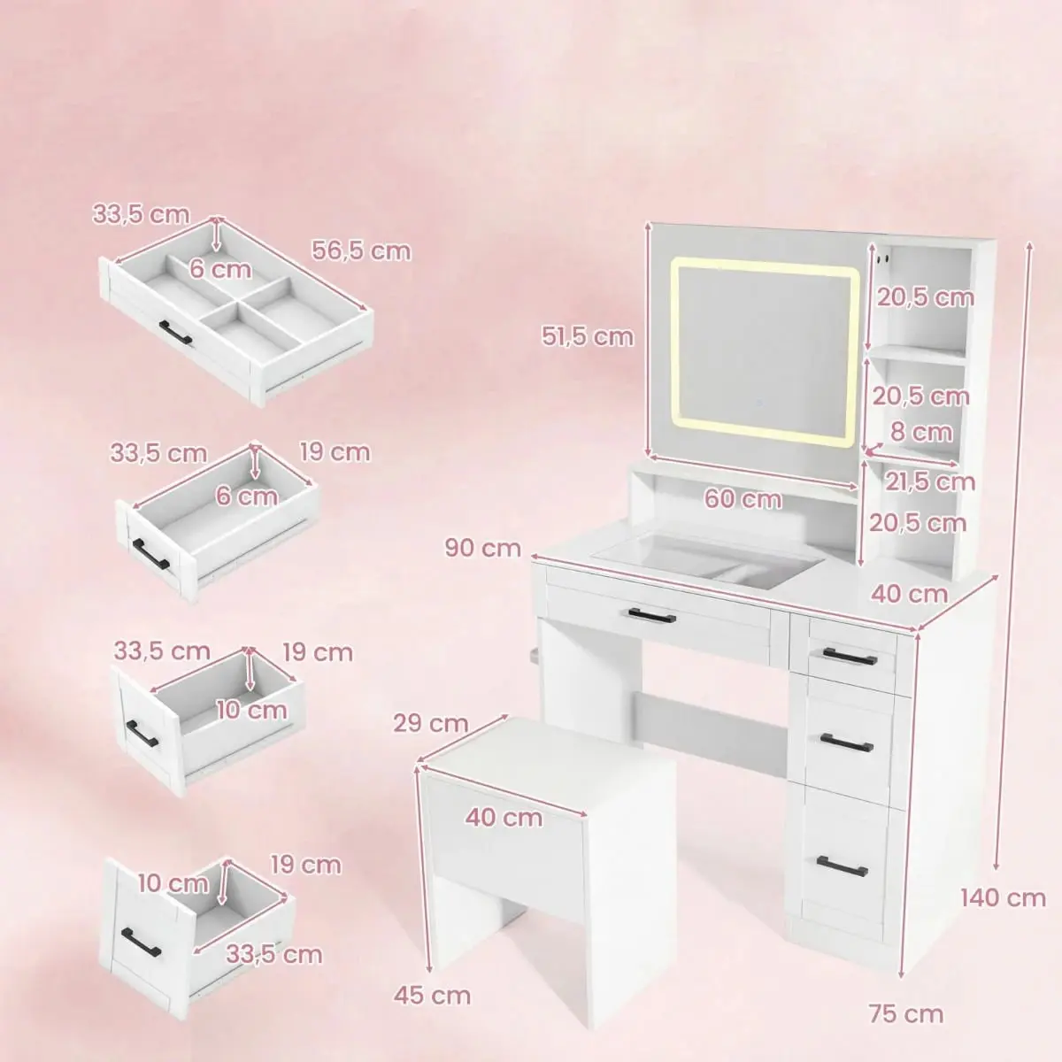 Masa de toaleta Costway JV12520WH (White) - 3