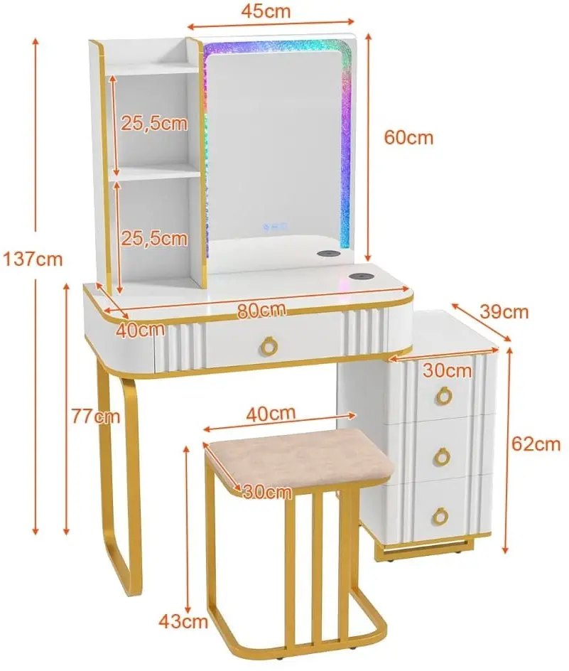 Masa de toaleta cu taburet Costway HU10617DE-WH (White)