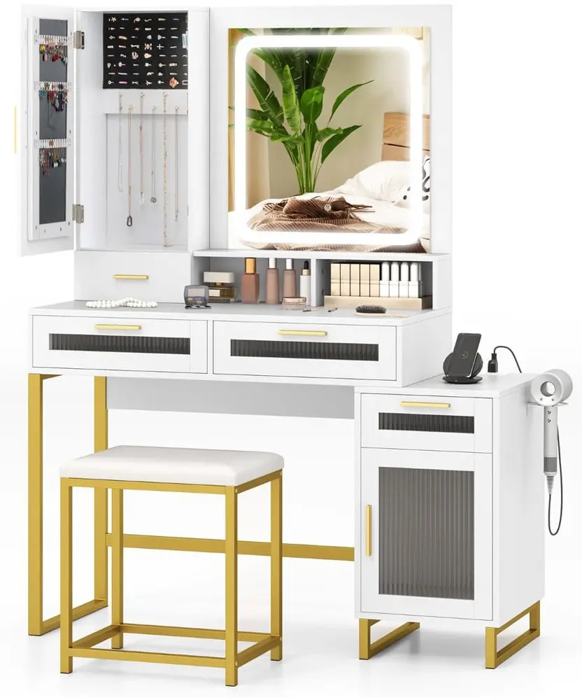 Masa de toaleta cu taburet Costway HU10854DE-WH+ (White)