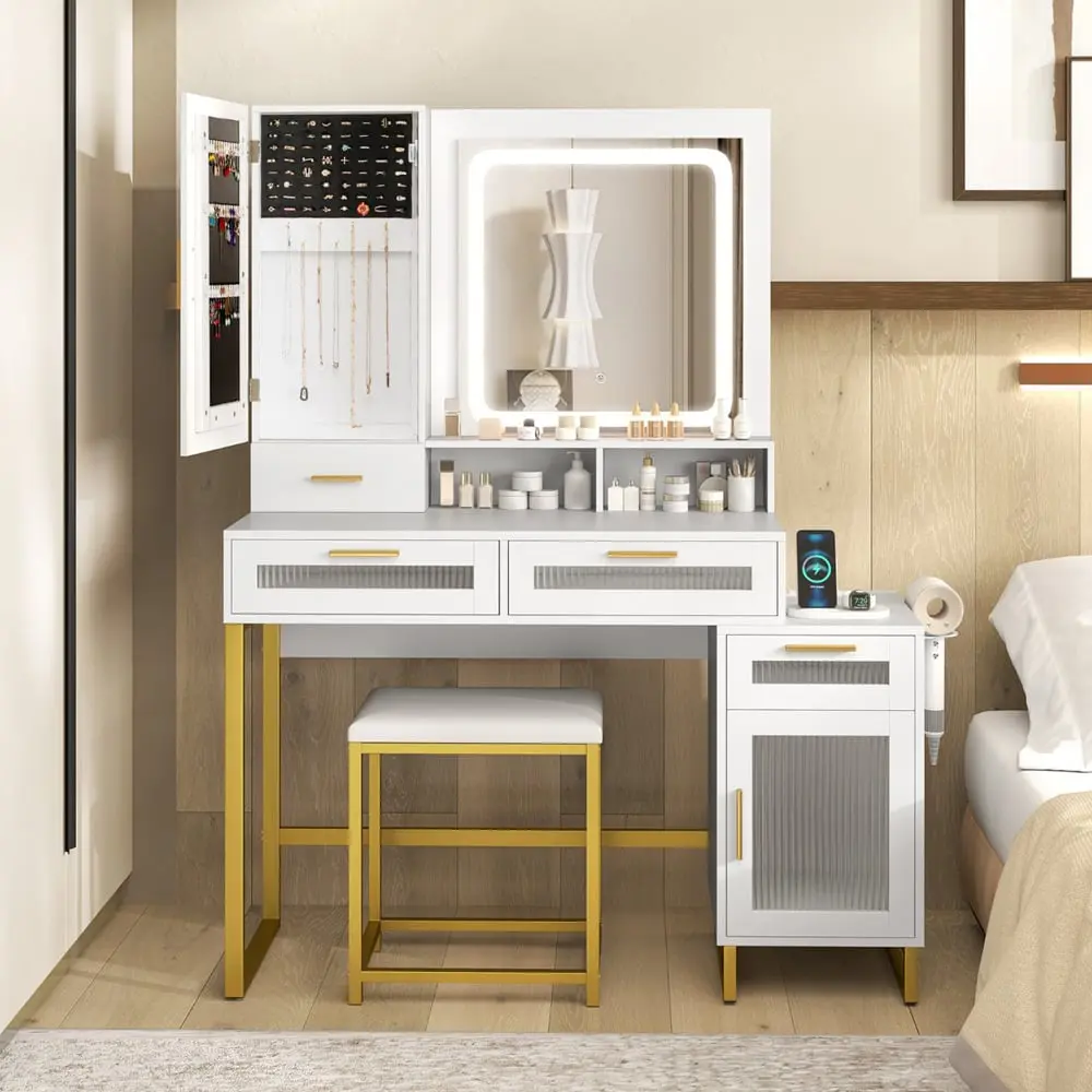 Masa de toaleta cu taburet Costway HU10854DE-WH+ (White)