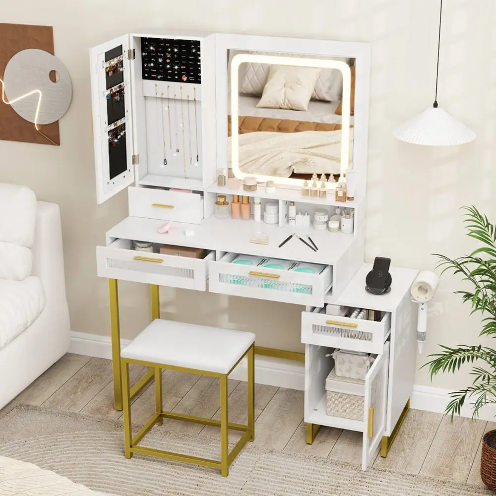 Masa de toaleta cu taburet Costway HU10854DE-WH+ (White)