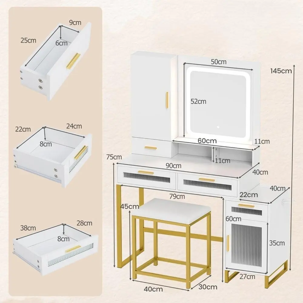 Masa de toaleta cu taburet Costway HU10854DE-WH+ (White)