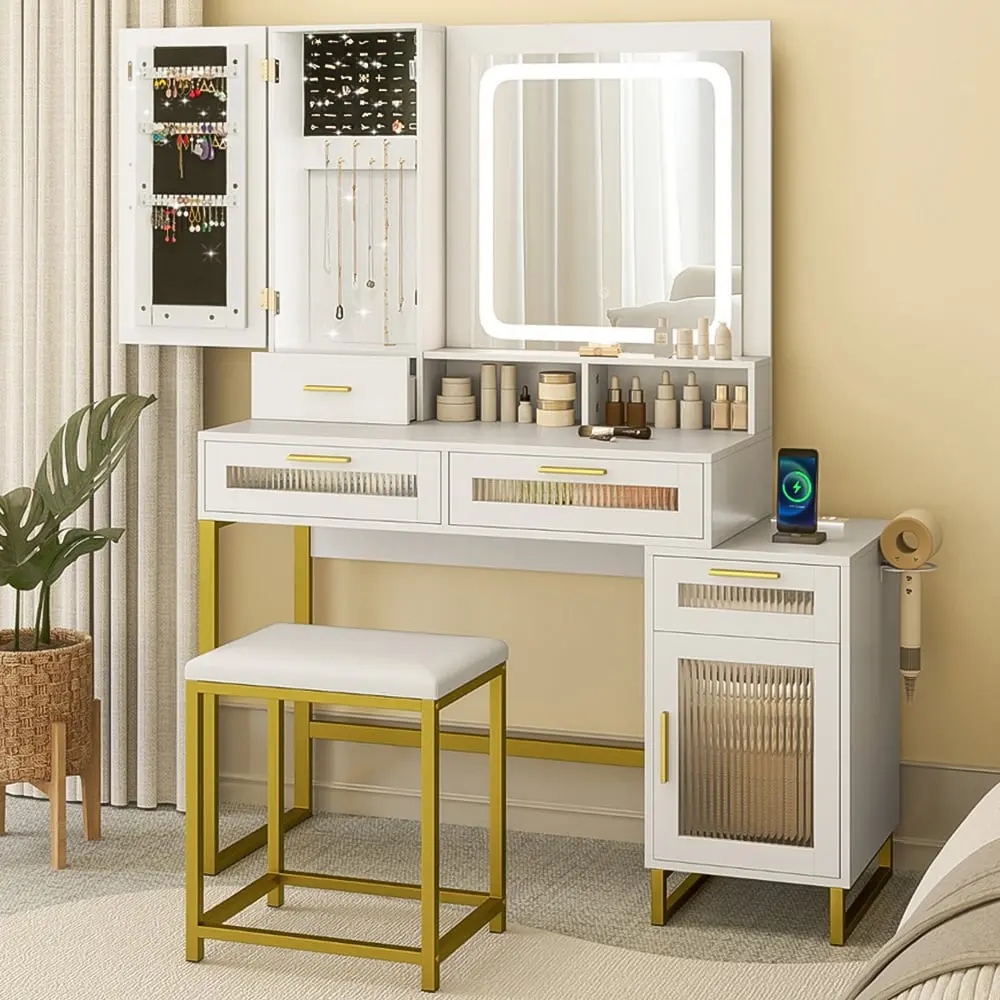 Masa de toaleta cu taburet Costway HU10854DE-WH+ (White)