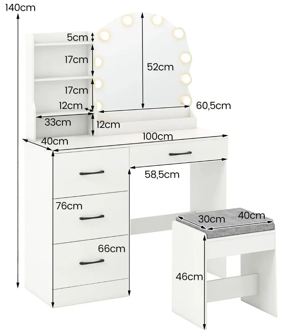 Masa de toaleta cu taburet Costway HU10977DE-WH+ (White)