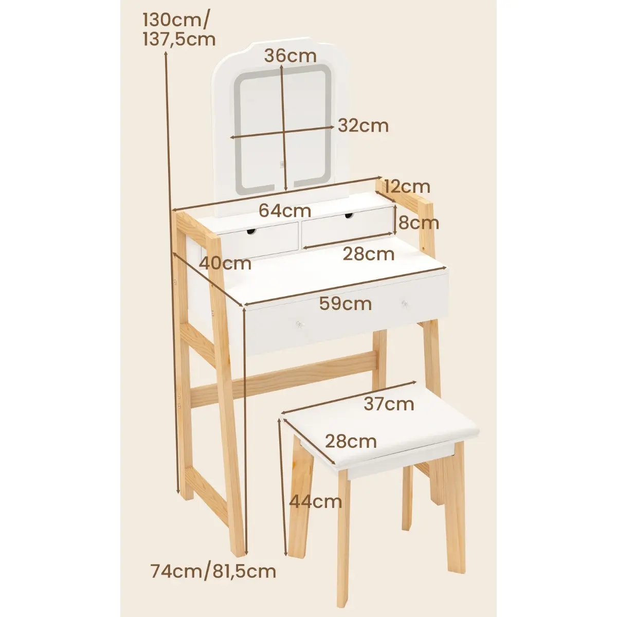 Masa de toaleta cu taburet Costway JV12022DE-WH (White) - 3