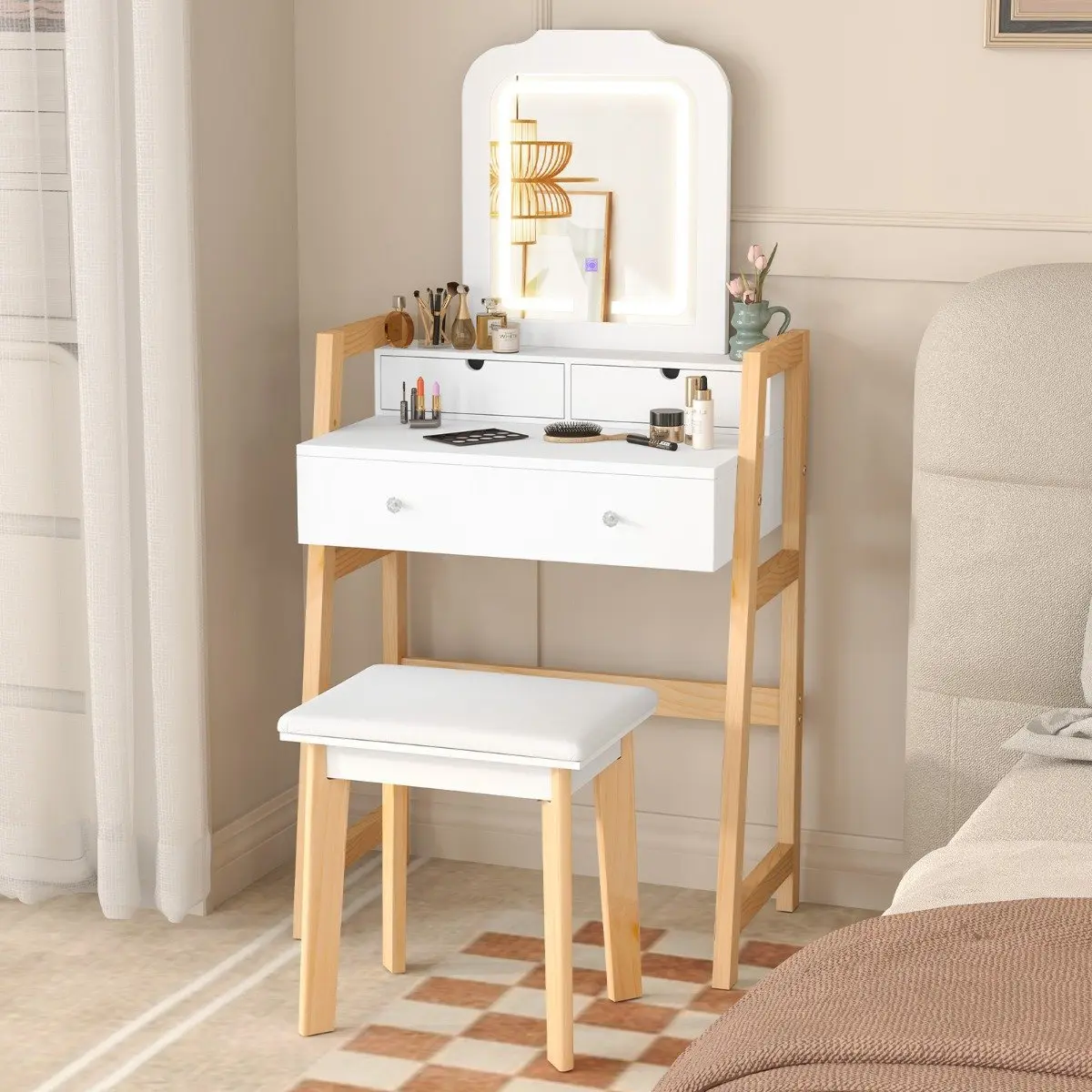 Masa de toaleta cu taburet Costway JV12022DE-WH (White) - 5