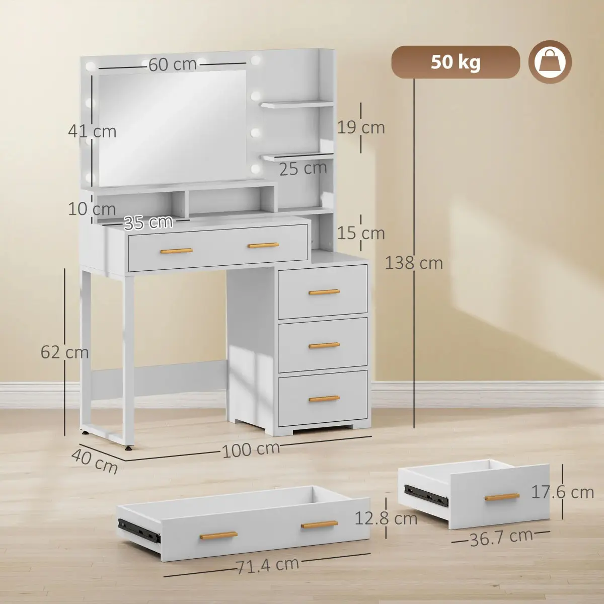Masa de toaleta Homcom 831-729V90WT (White) - 9