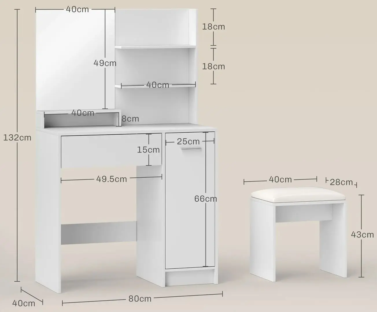 Туалетный столик Homcom 831-779V80WT 80x40x132 cm (White) - 2