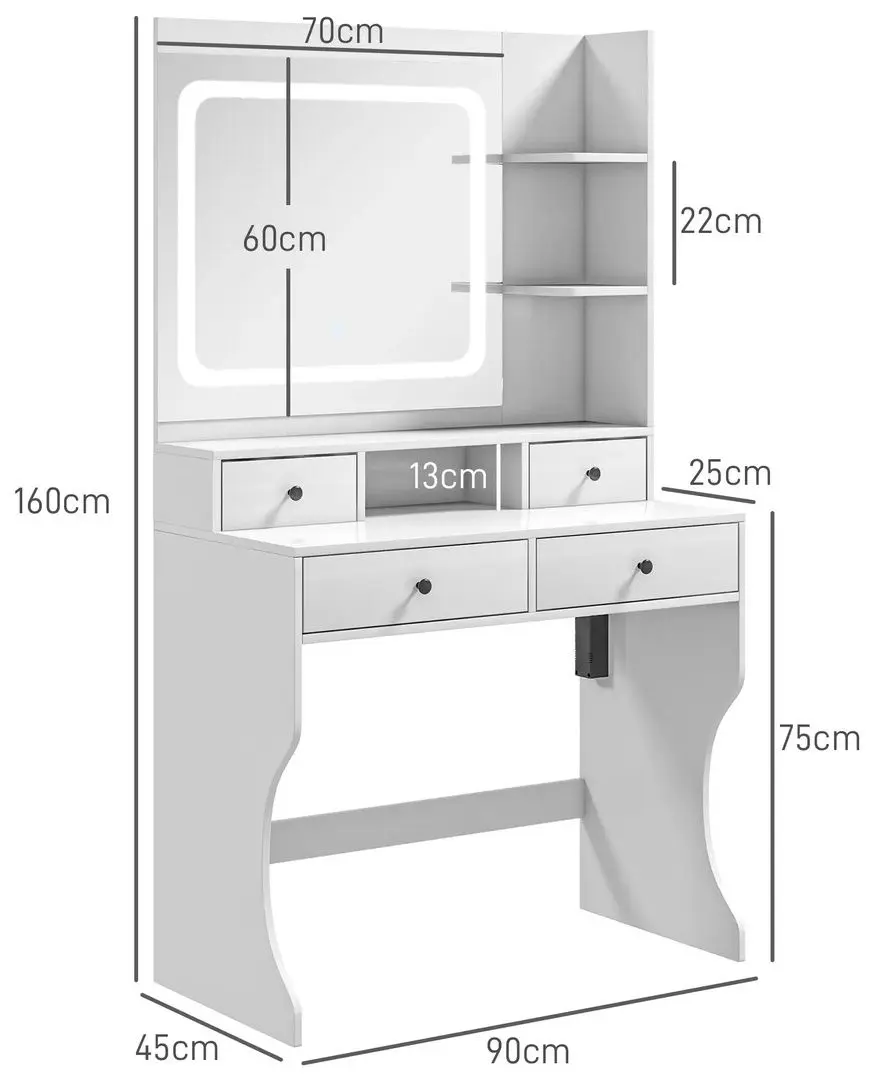 Masa de toaleta cu iluminare Homcom 831-776V90WT 90x45x160 cm (White)