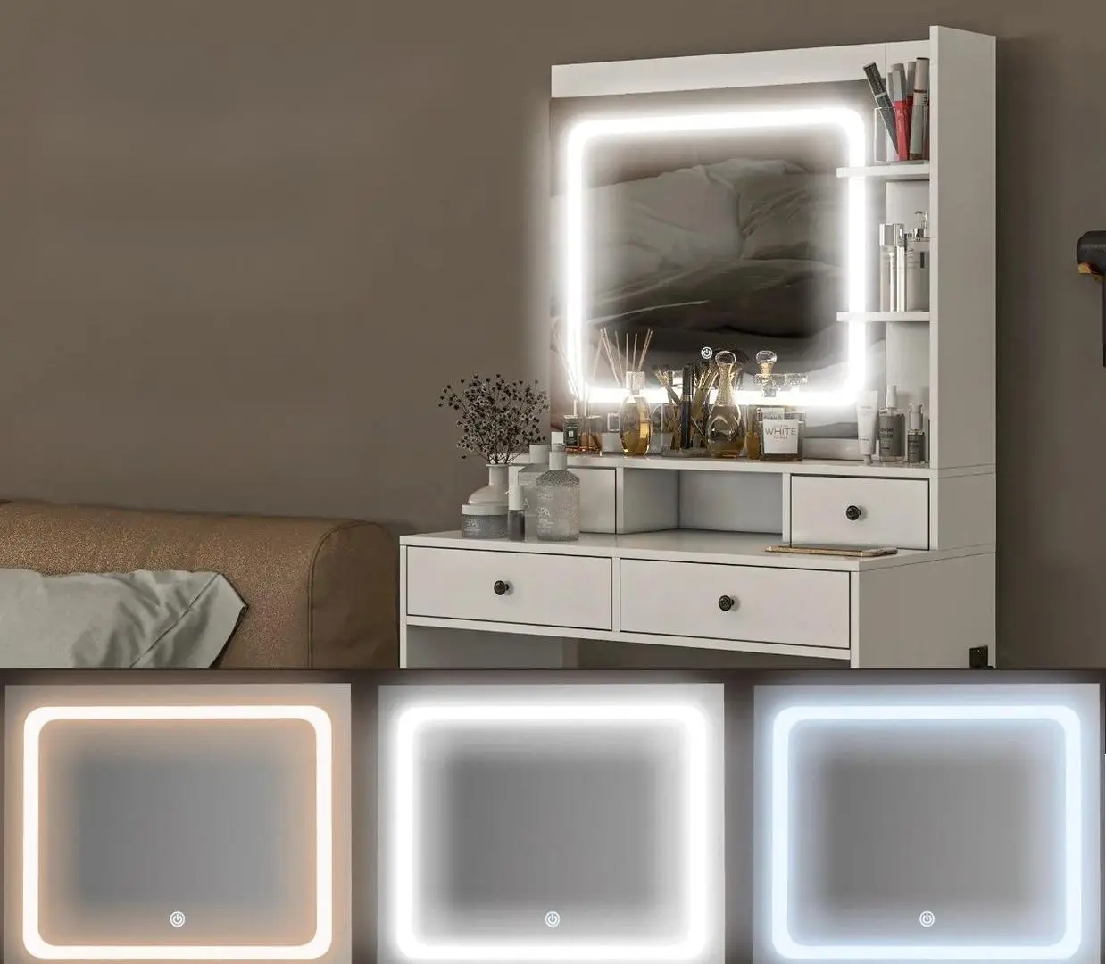 Masa de toaleta cu iluminare Homcom 831-776V90WT 90x45x160 cm (White)