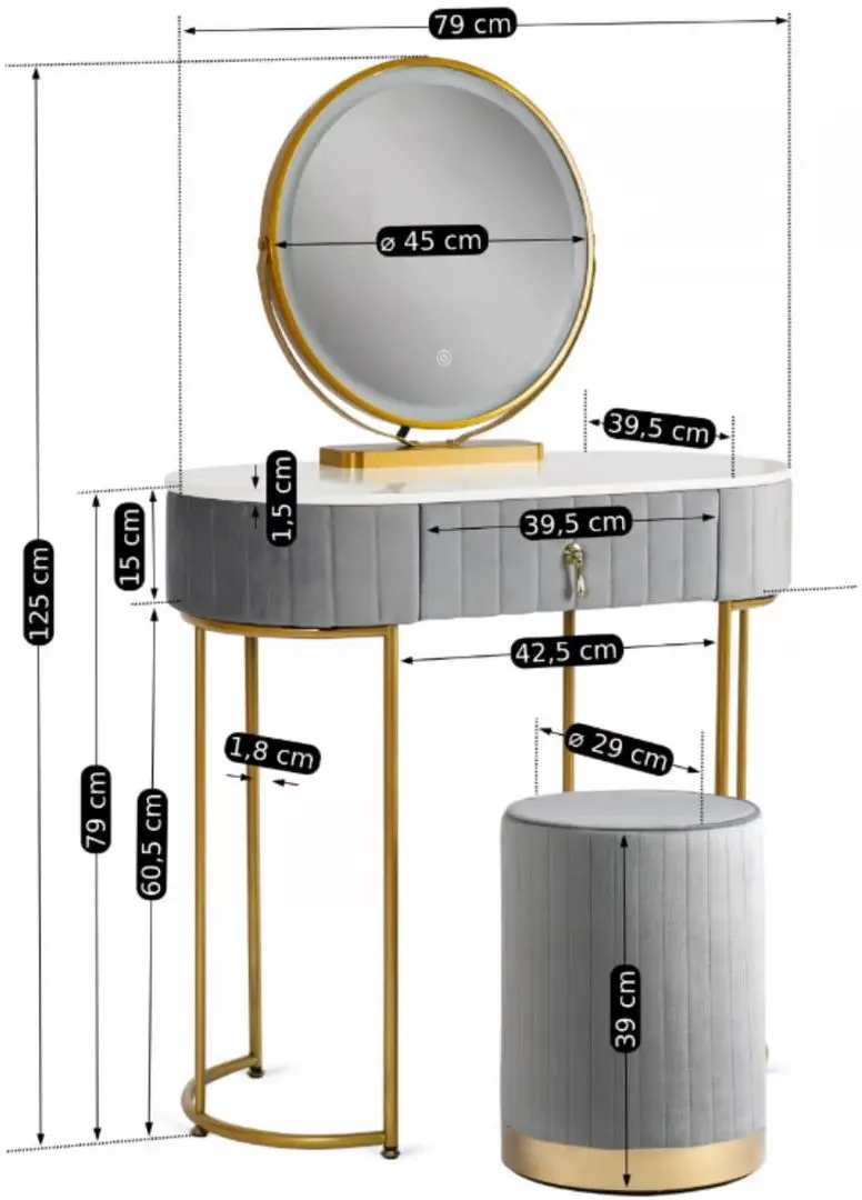 Masa de toaleta cu iluminare Mebel Elite Ashley Mini (Grey/Golden) - 8