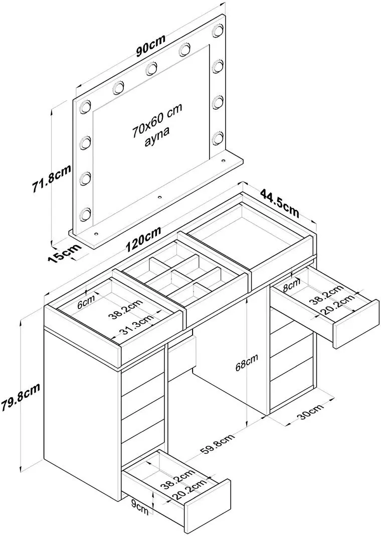Masa de toaleta Mirage Meble BJ118 oglinda/becuri (White)