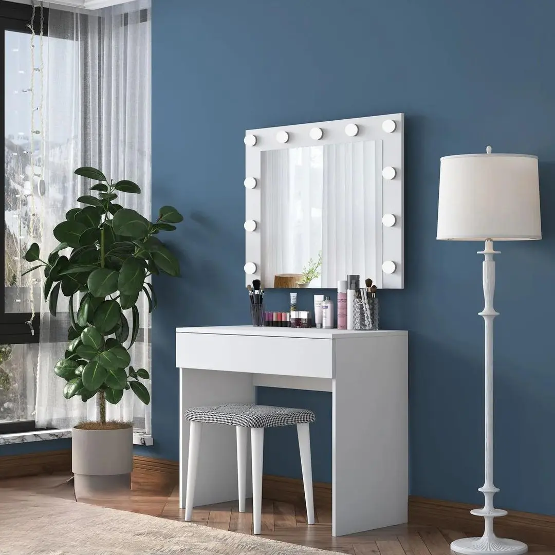 Туалетный столик + Табурет Mirage Meble BJ121 зеркало/лампочки (White/Black)