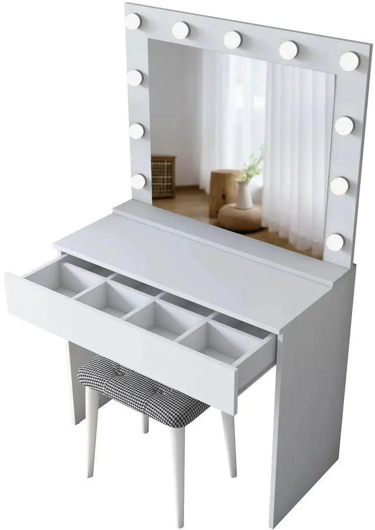 Туалетный столик + Табурет Mirage Meble BJ121 зеркало/лампочки (White/Black)