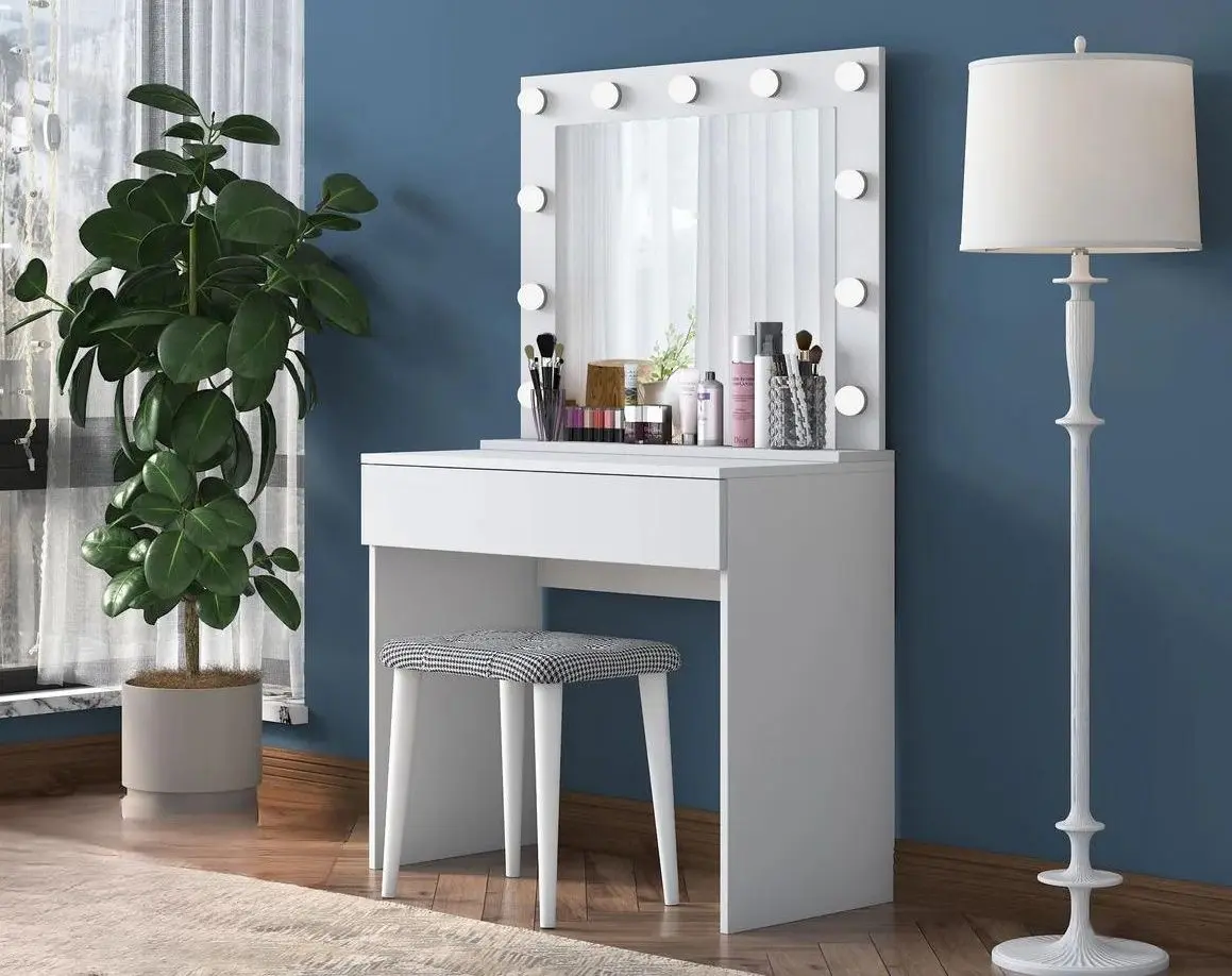 Туалетный столик + Табурет Mirage Meble BJ121 зеркало/лампочки (White/Black)