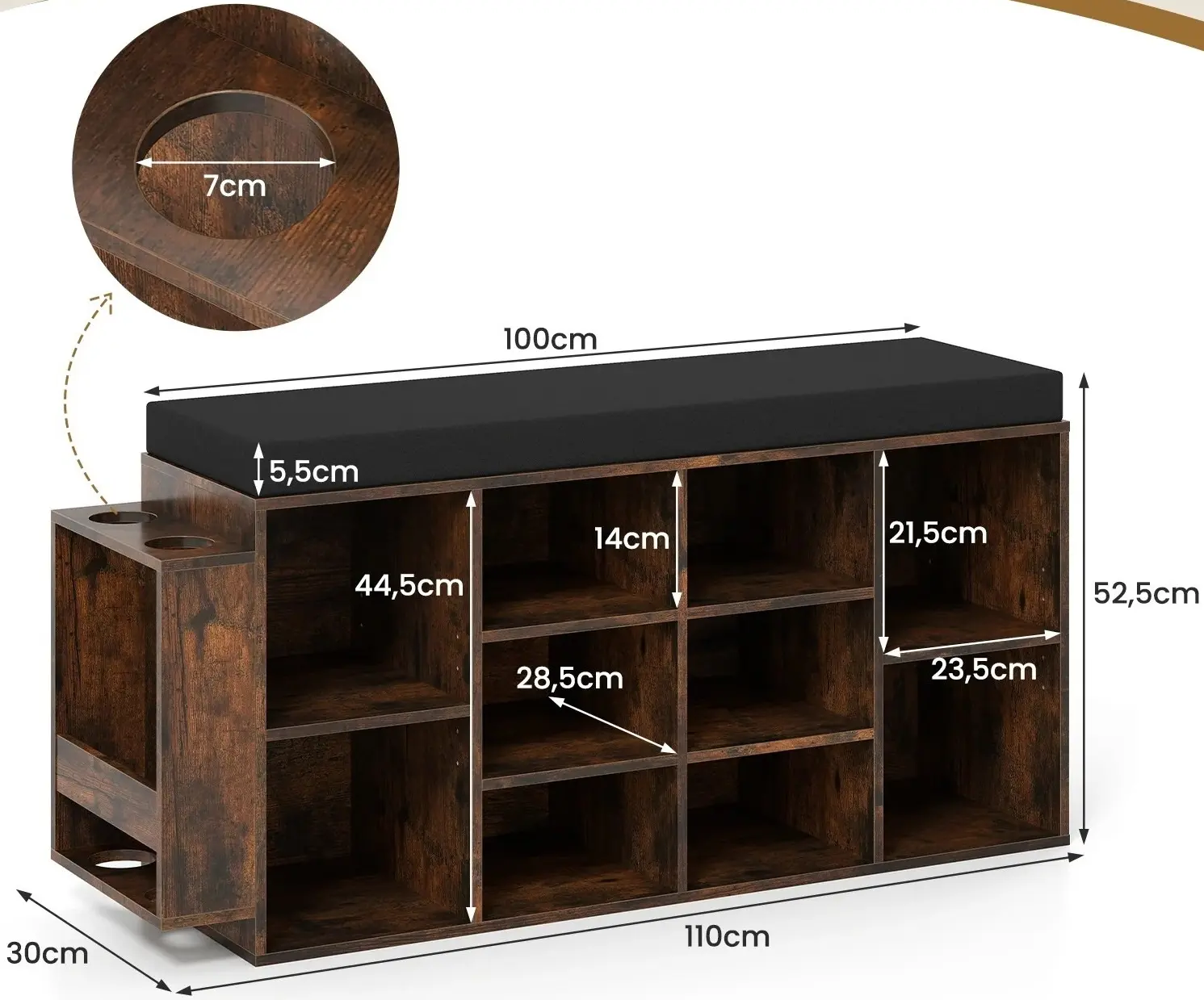 Bancheta-etajera pentru incaltaminte Costway JV13164CF (Rustic Brown/Black) - 3