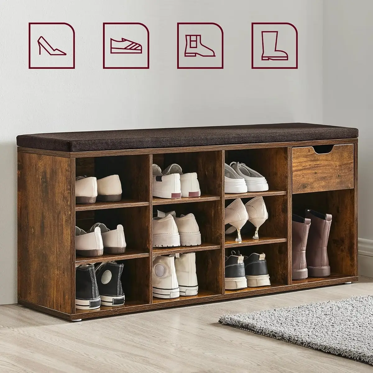 Bancheta-etajera pentru incaltaminte Vasagle LHS024T01 (Rustic Brown/Bronze) - 4