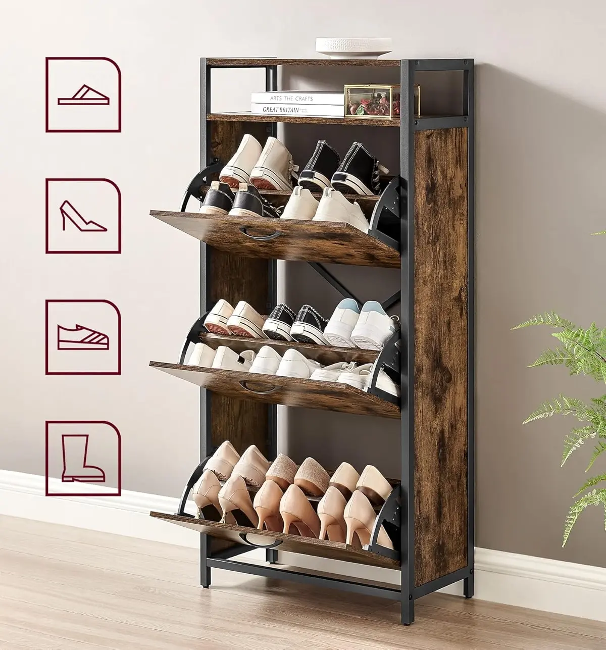 Tumba pentru incaltaminte Vasagle LBS101B01 (Rustic Brown/Black) - 4