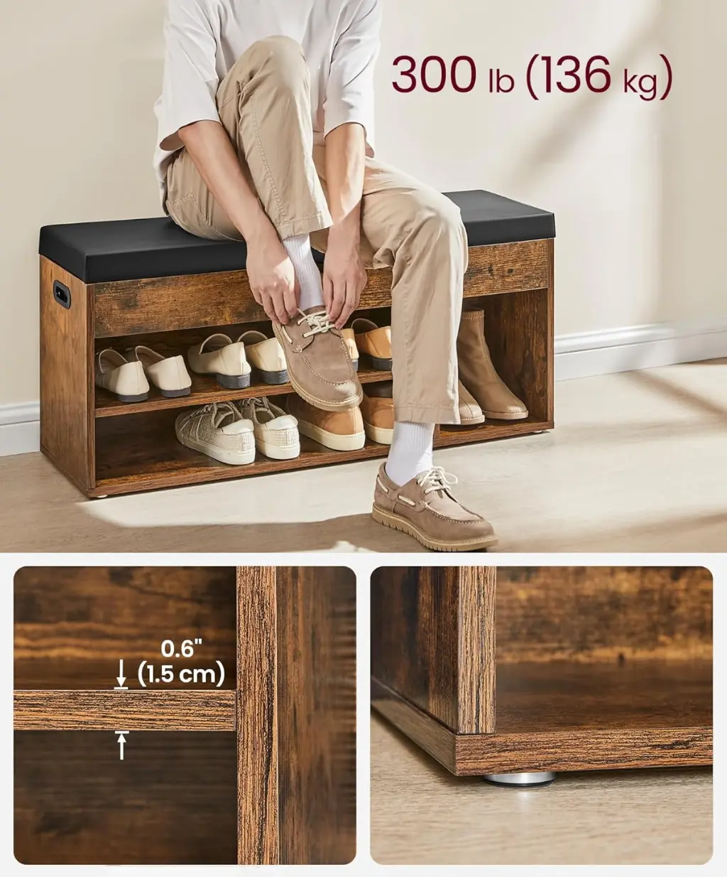 Банкетка-стеллаж для обуви Vasagle LHS130B01 (Rustic Brown/Black)