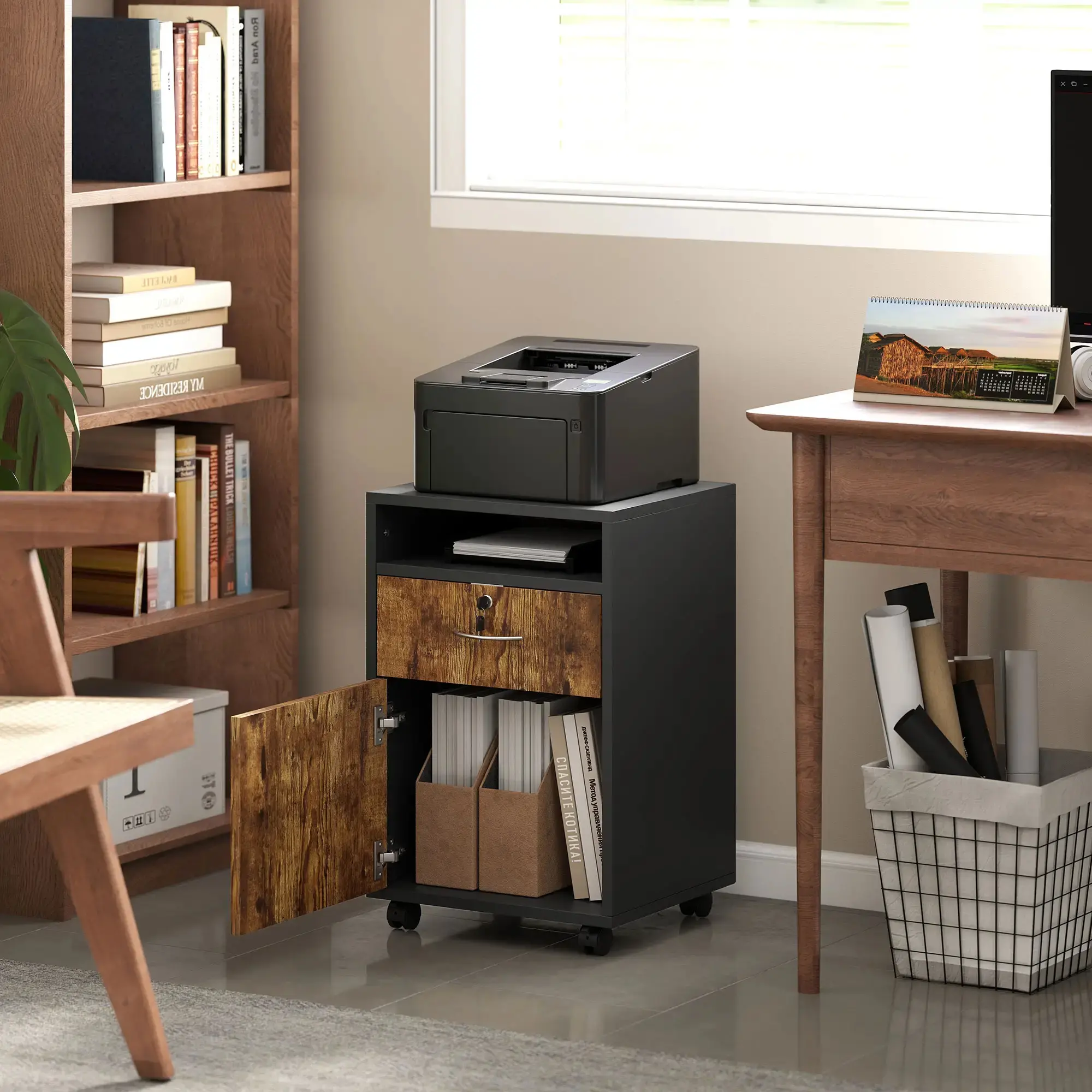 Tumba cu rotile Homcom 836-027V81RB (Black/Rustic Brown) - 3