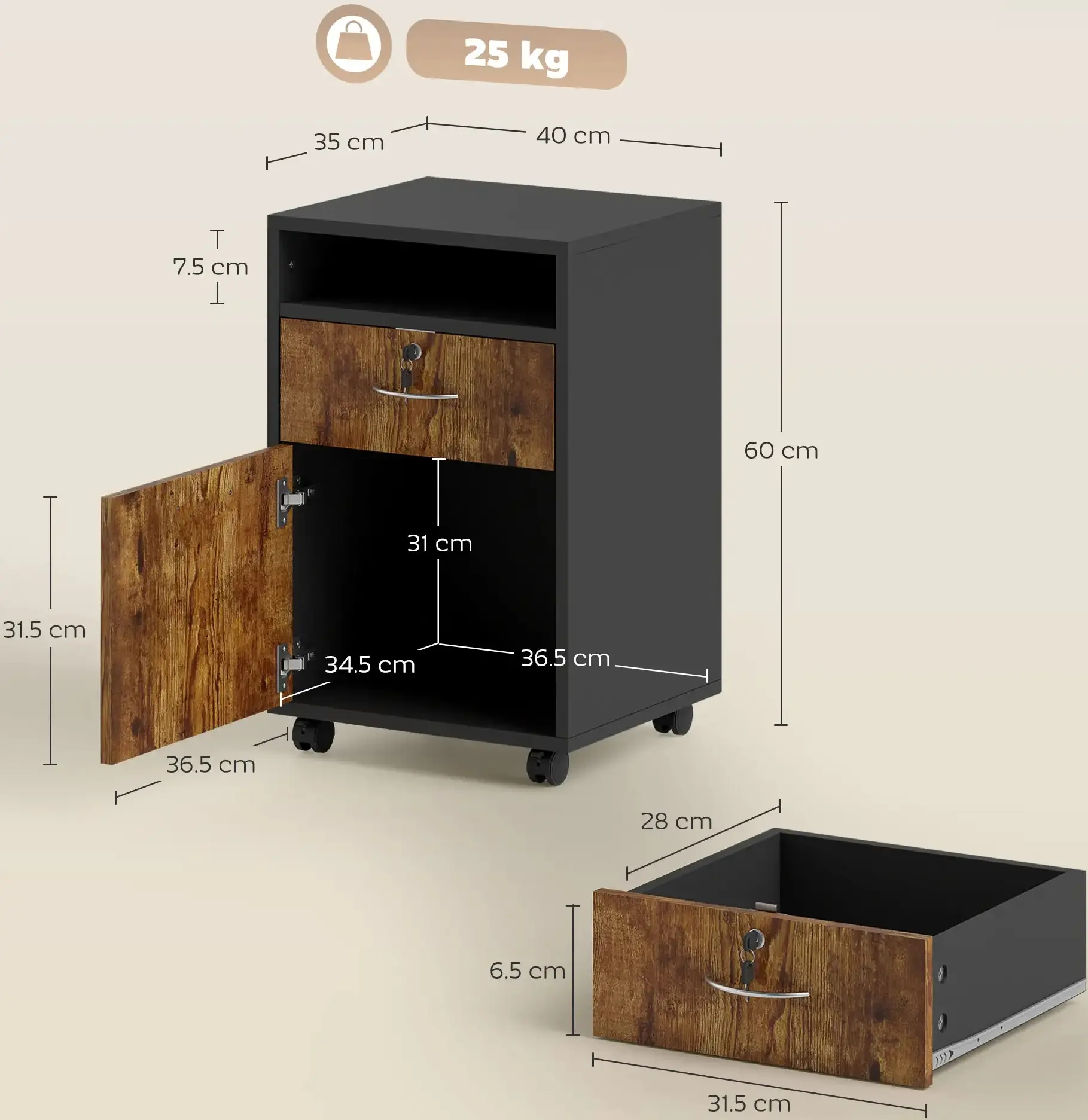 Tumba cu rotile Homcom 836-027V81RB (Black/Rustic Brown) - 7