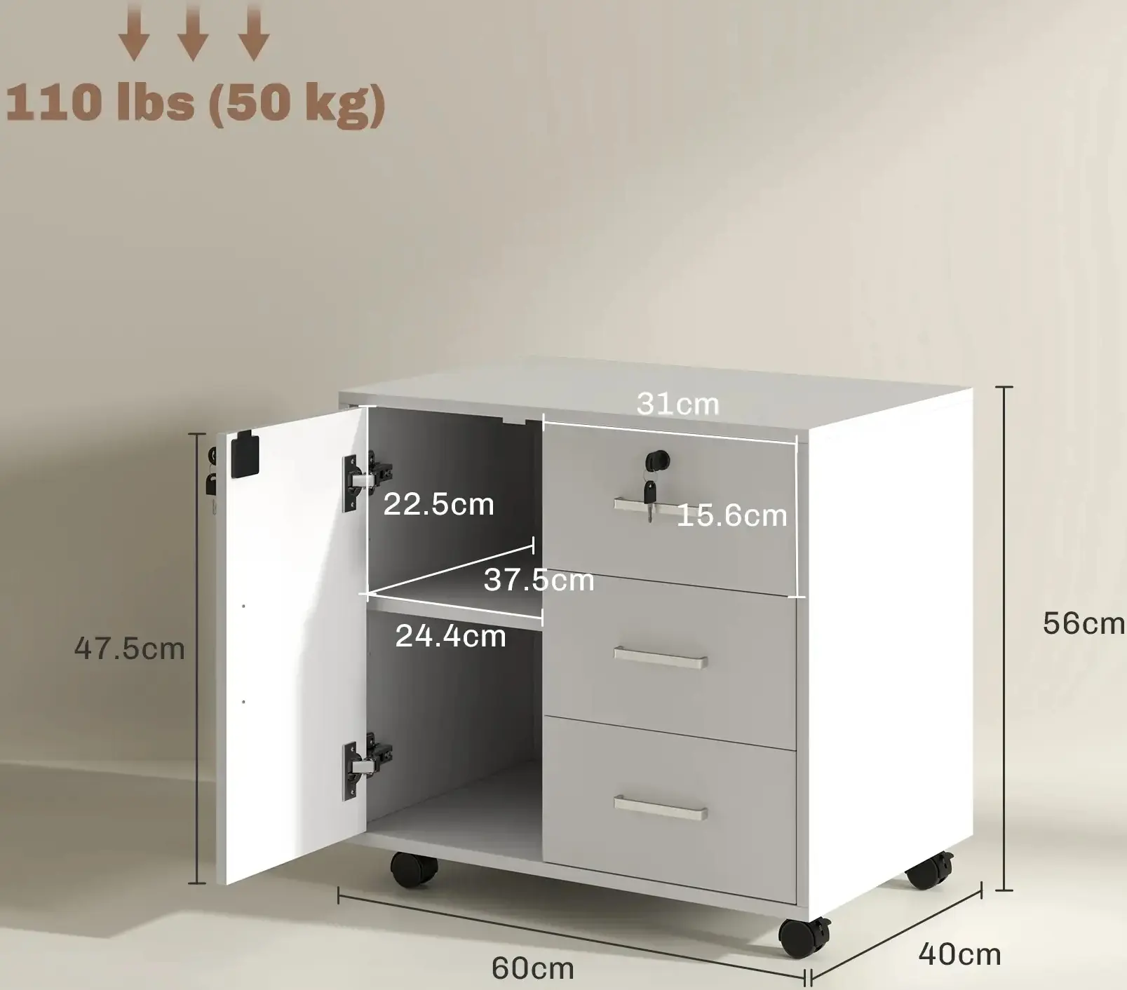 Tumba cu rotile Homcom 838-494V00WT (White) - 6