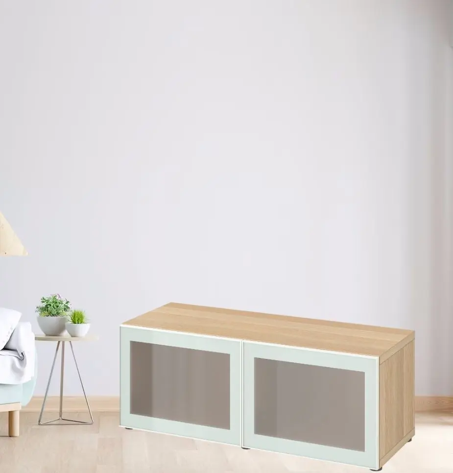 Dulap Ikea Besta cu sticlă mată 120x42x38 (Aspect Stejar Antichizat Glassvik/Alb/Verde Deschis)