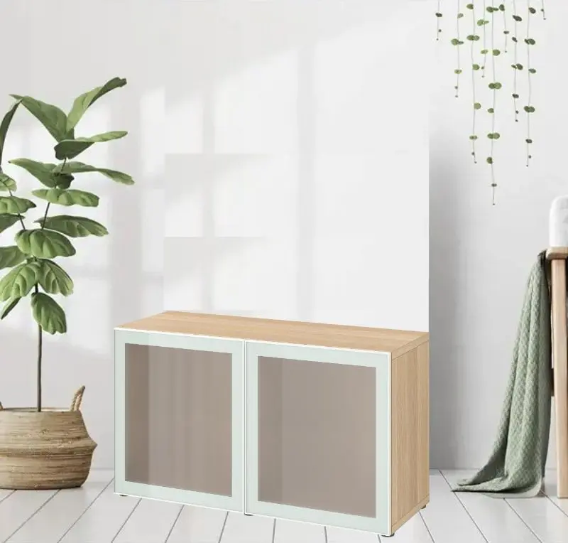 Dulap Ikea Besta cu sticlă mată 120x42x64 (Aspect Stejar Antichizat Glassvik/Alb/Verde Deschis)