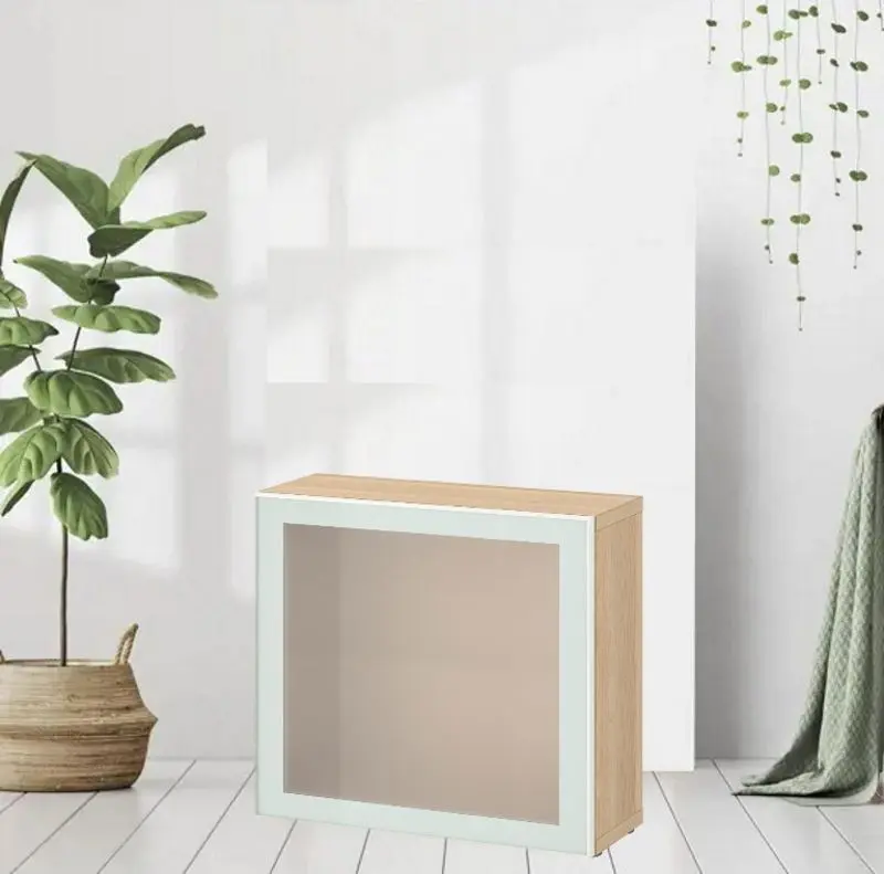 Dulap Ikea Besta cu sticlă mată 60x22x64 (Aspect Stejar Antichizat Glassvik/Alb/Verde Deschis)