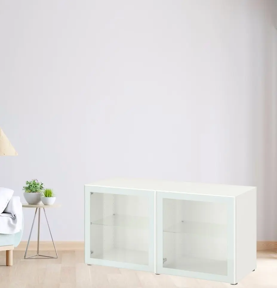 Dulap Ikea Besta cu sticlă transparentă 120x42x64 (Alb Glassvik/Alb/Verde Deschis)