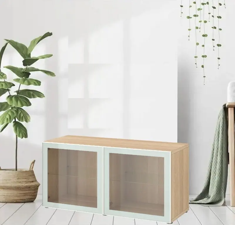 Dulap Ikea Besta cu sticlă transparenta 120x42x64 (Aspect Stejar Antichizat Glassvik/Alb/Verde Deschis)