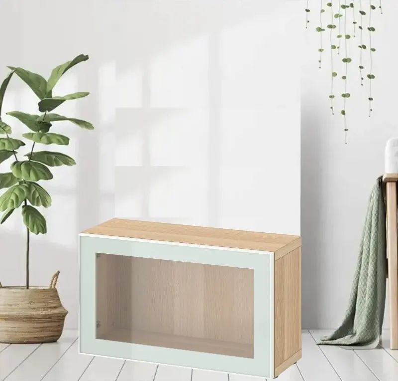 Dulap Ikea Besta cu sticlă transparentă 60x22x38 (Aspect Stejar Antichizat Glassvik/Alb/Verde Deschis)