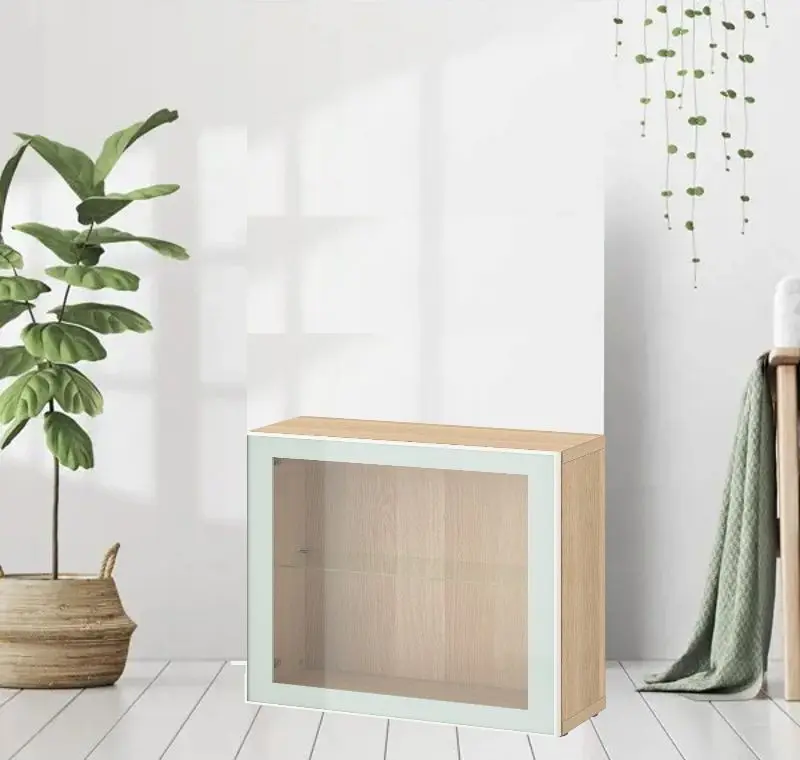 Dulap Ikea Besta cu sticlă transparentă 60x22x64 (Aspect Stejar Antichizat Glassvik/Alb/Verde Deschis)