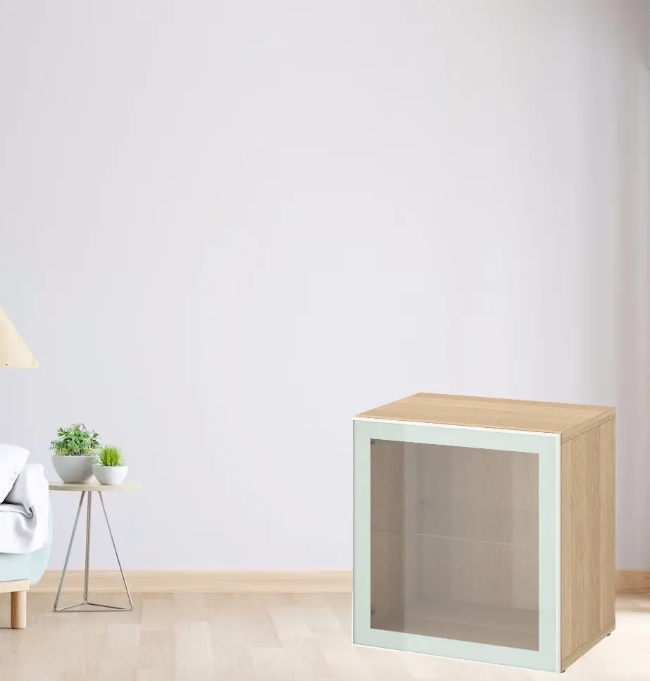 Dulap Ikea Besta cu sticlă transparenta 60x42x64 (Aspect Stejar Antichizat Glassvik/Alb/Verde Deschis)