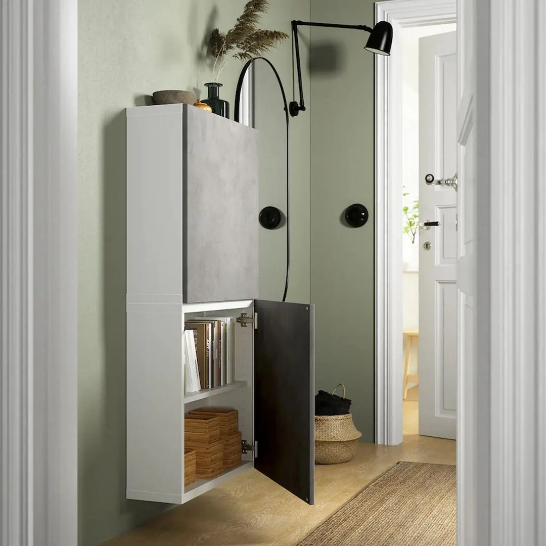 Dulap suspendat Ikea Besta cu 2 usi 60x22x128 (Alb Kallviken/Gri Aspect Beton) - 3