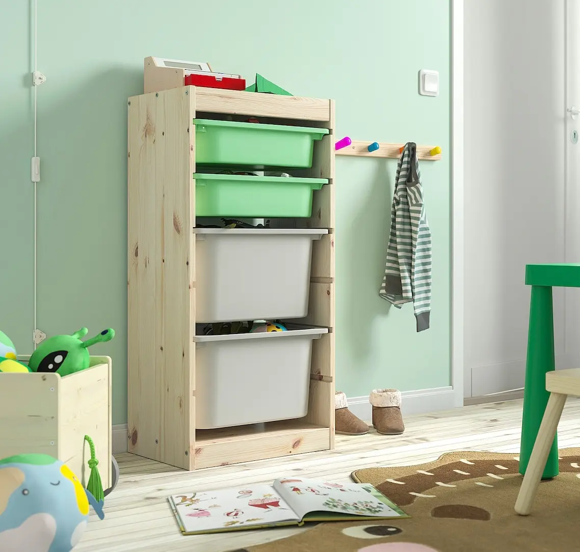 Etajera Ikea Trofast 4 cutii 44x30x91 (Pin/Verde deschis/Gri)