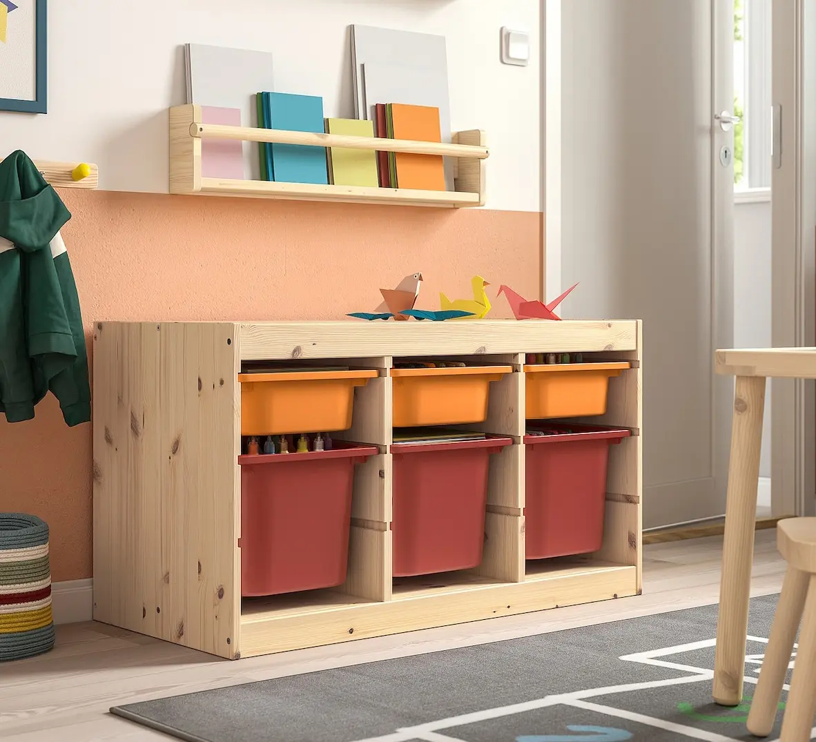 Стеллаж Ikea Trofast 6 контейнеров 93x44x52 (Сосна/Оранжевый/Красный)