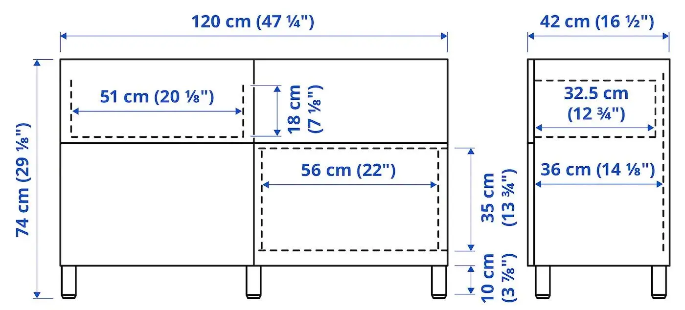 Tumba Ikea Besta cu usi/sertare 120x42x74 (Alb Selsviken/Stallarp/Lucios Gri Deschis-Bleu)