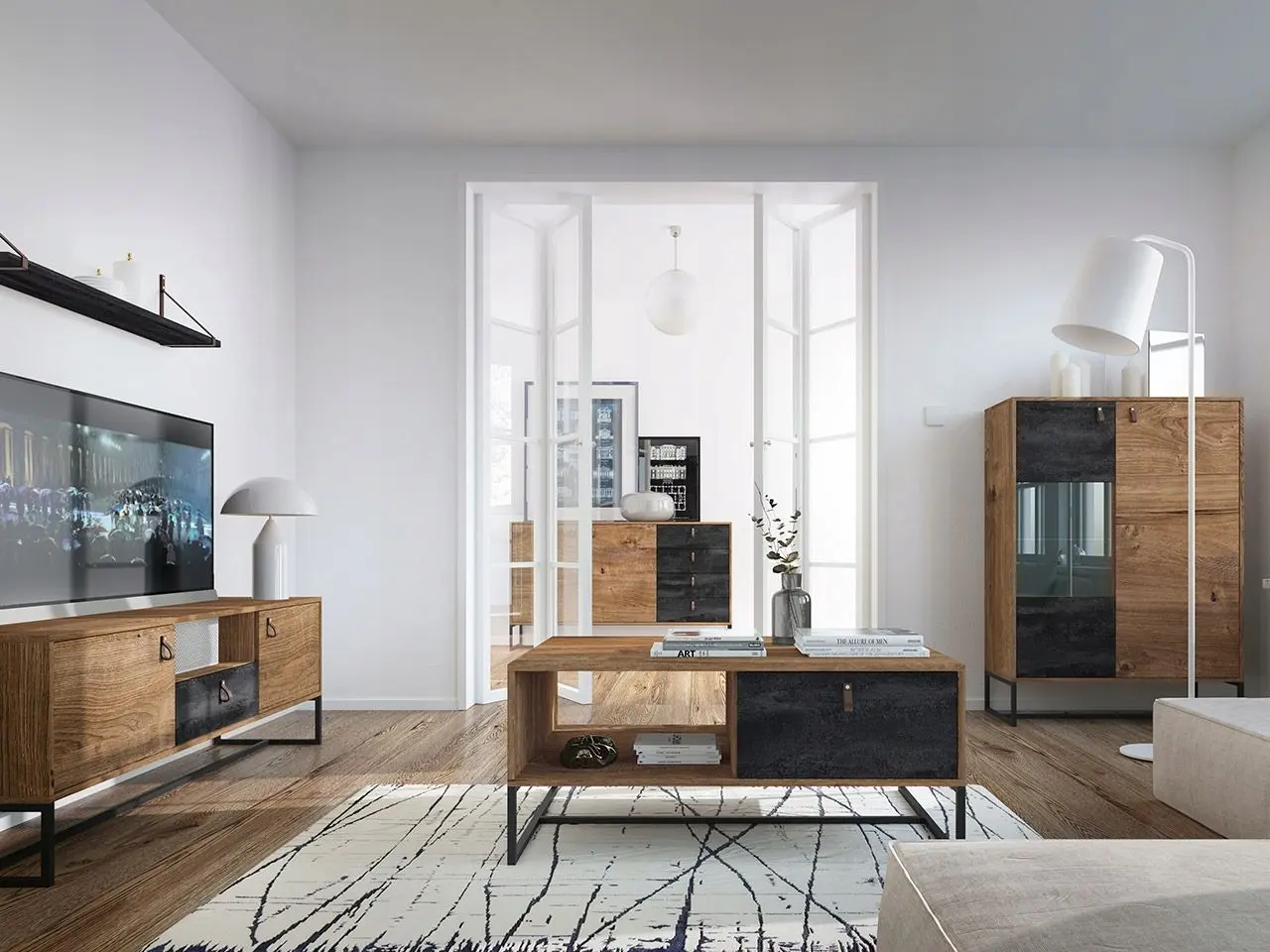 Dulap-Vitrina Mirjan24 Sokrates/Dark WT93 (Ribbeck Oak/Black Stone)