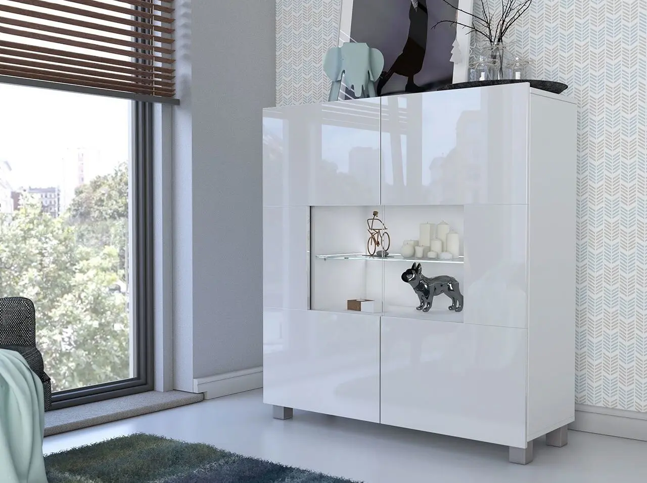 Tumba-Vitrina Bralani/Calabrini C1 K2D LED (White/White Gloss)