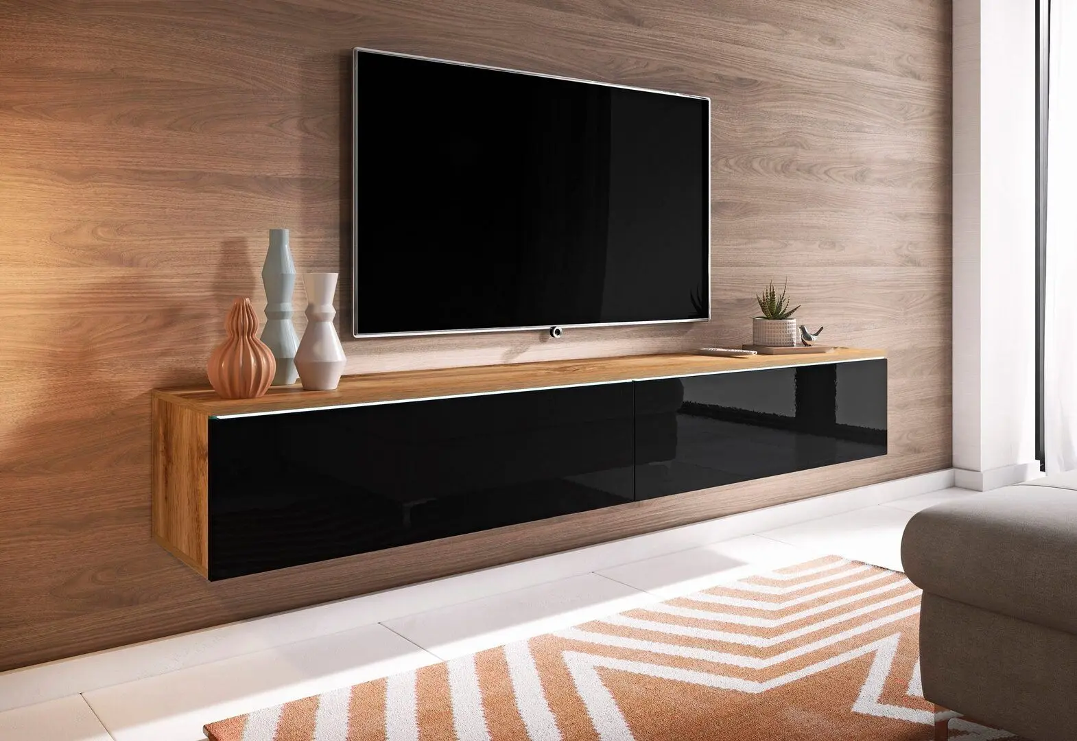 Tumba pentru TV Bratex Lowboard D 180 (Wotan Oak/Black Gloss)