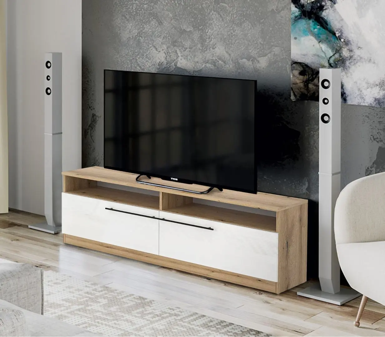 Tumba pentru TV Fabrik Home Barcas (Ewok Oak/White Gloss)