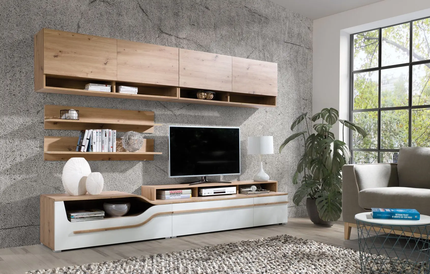 Tumba pentru TV Fadome Porto PR4F (White Gloss/Artisan Oak) - 2