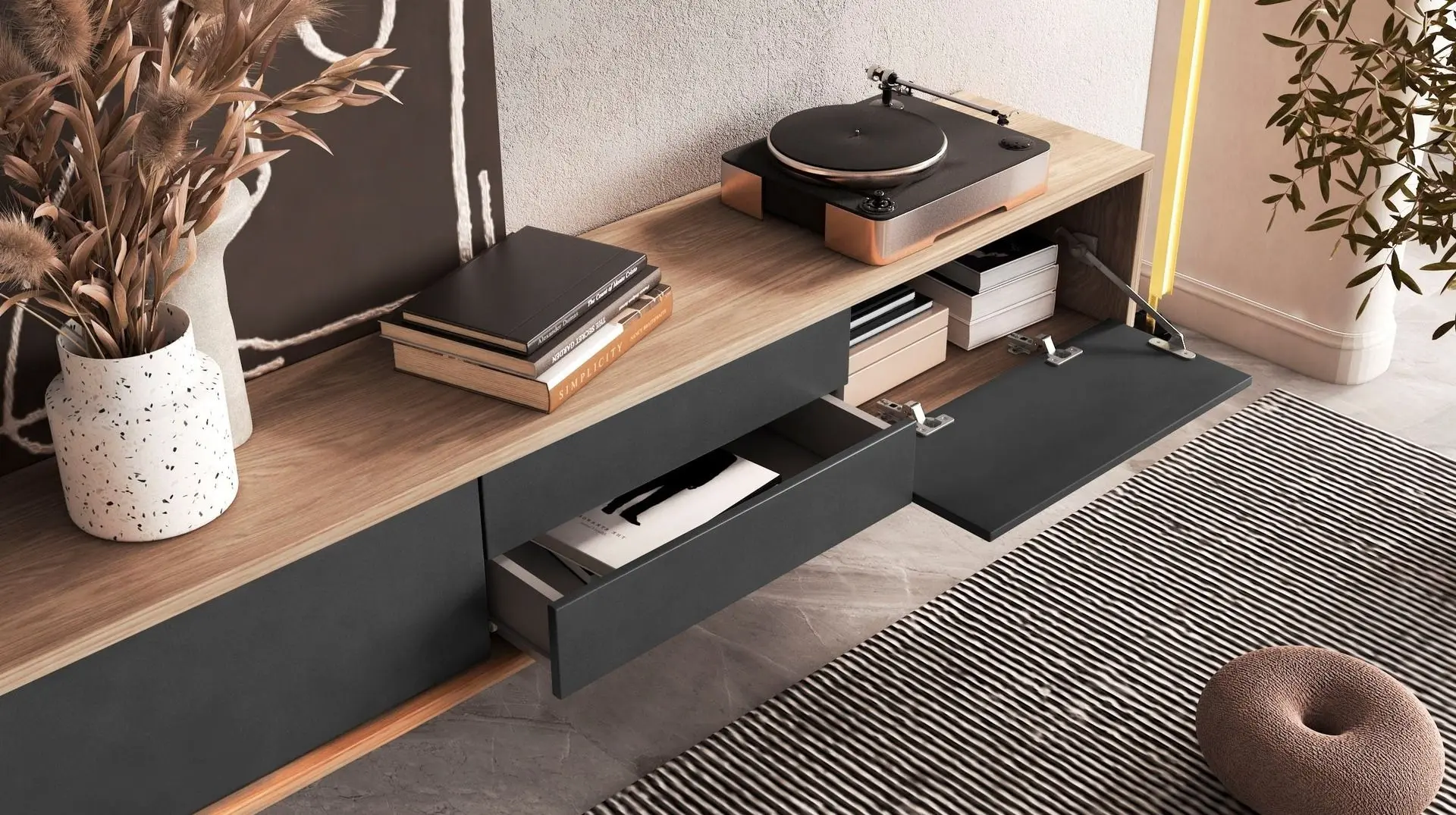 Тумба РТВ Helvetia Frida 2D2S (Anthracite/Natural Oak)