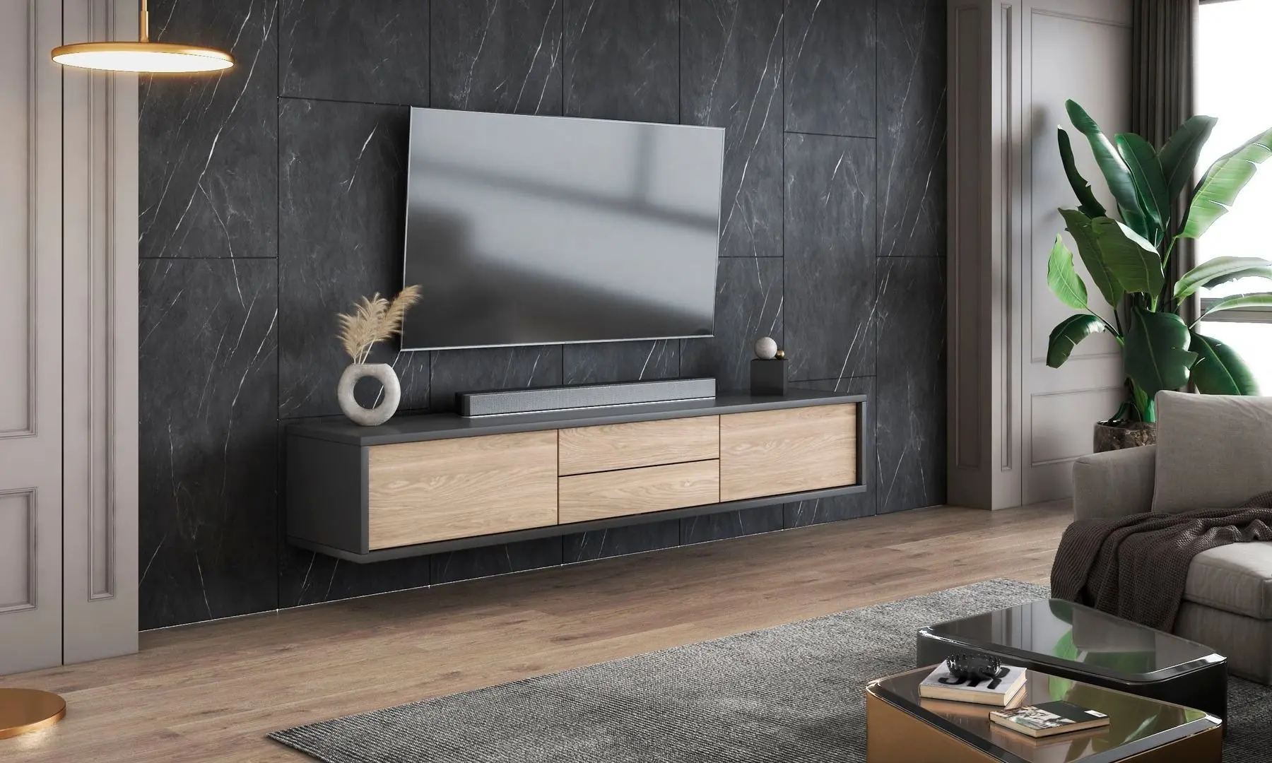 Tumba pentru TV Helvetia Frida 2D2S (Anthracite/Oak)