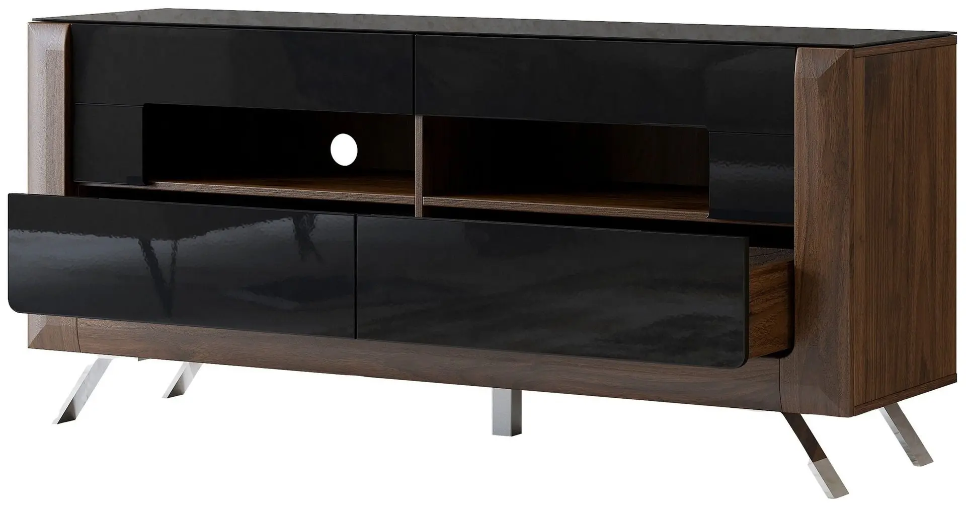 Tumba pentru TV Helvetia Kasai 2S (Walnut/Black Gloss)