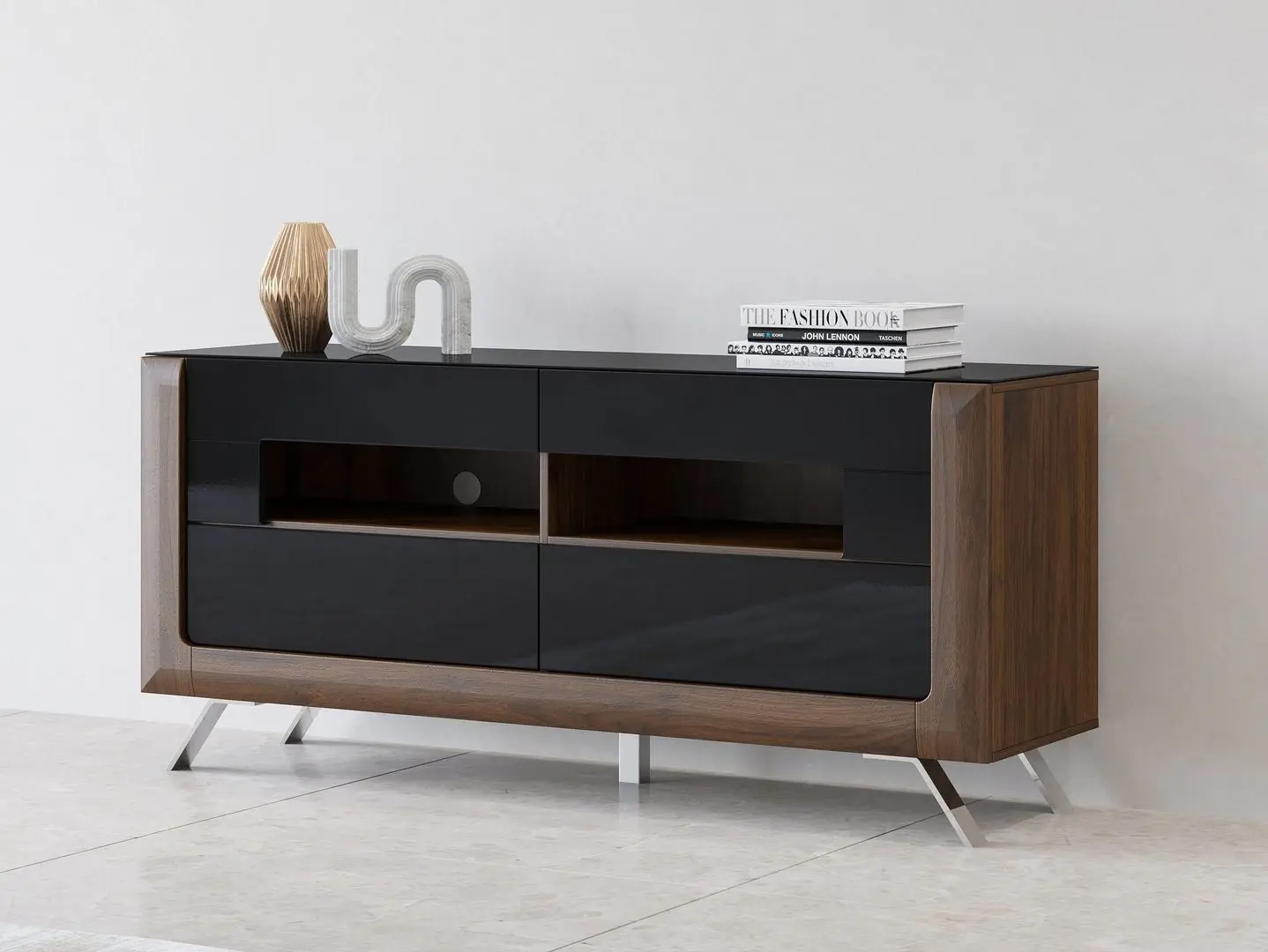 Tumba pentru TV Helvetia Kasai 2S (Walnut/Black Gloss)