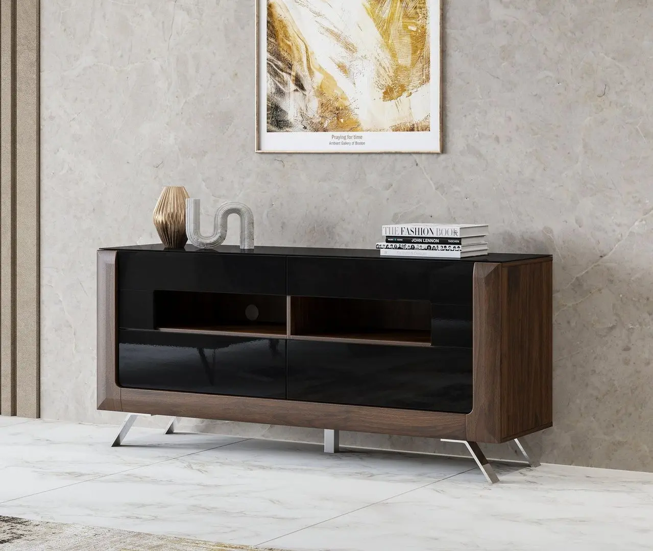 Tumba pentru TV Helvetia Kasai 2S (Walnut/Black Gloss)