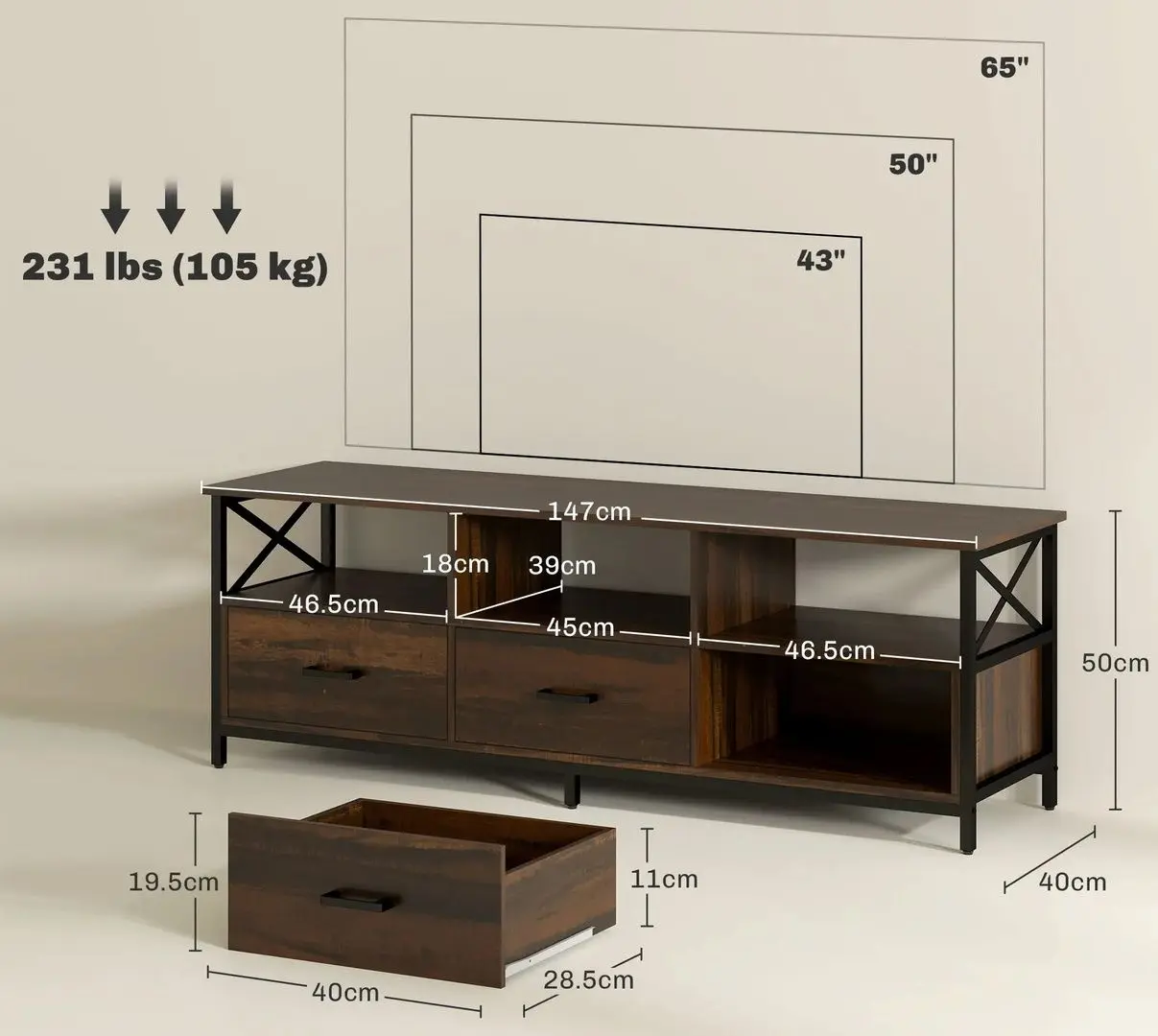 Тумба РТВ Homcom 83B-180V00RB 147x40x50 cm (Rustic Brown/Black)